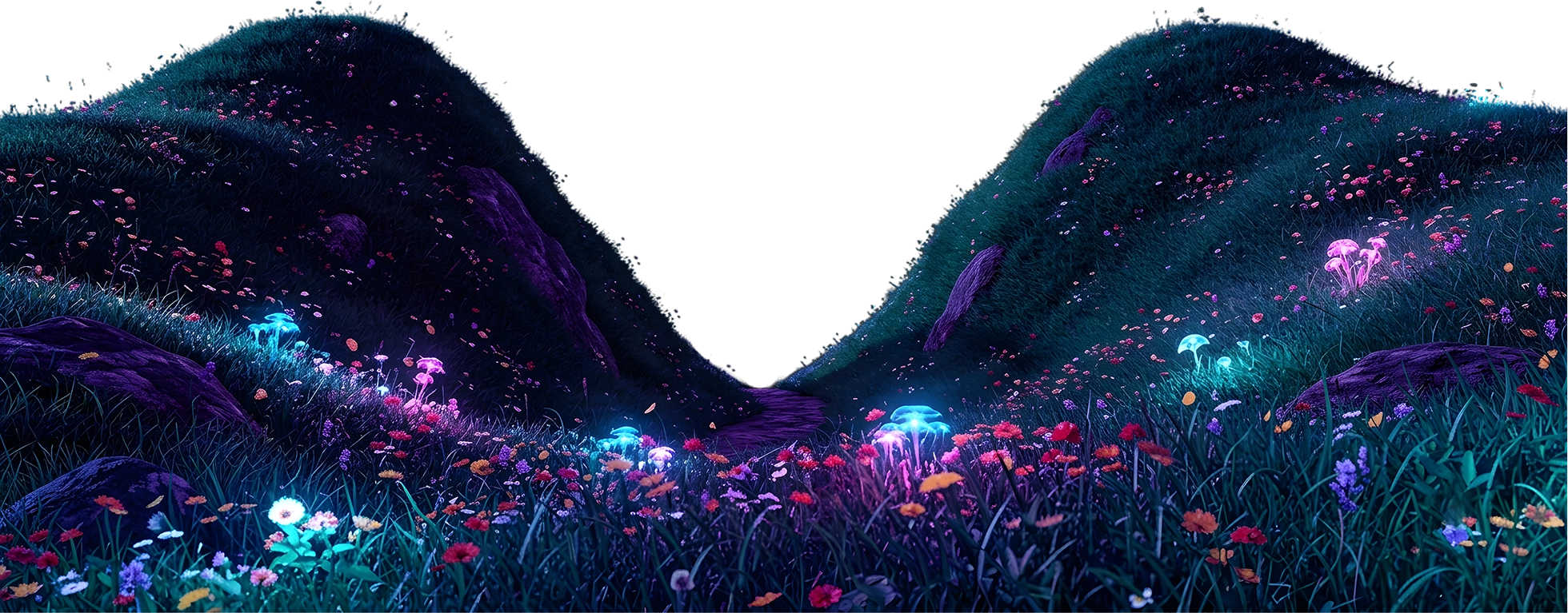 Colline erbose verdi con fiori selvatici colorati sparsi e grandi rocce grigie.