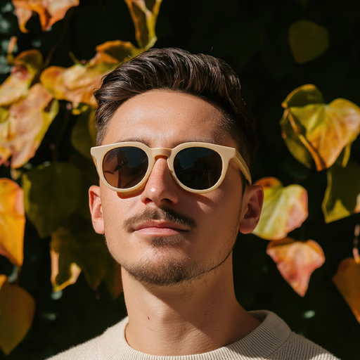 Uomo con occhiali da sole beige e maglione chiaro davanti a foglie autunnali verdi e gialle.
