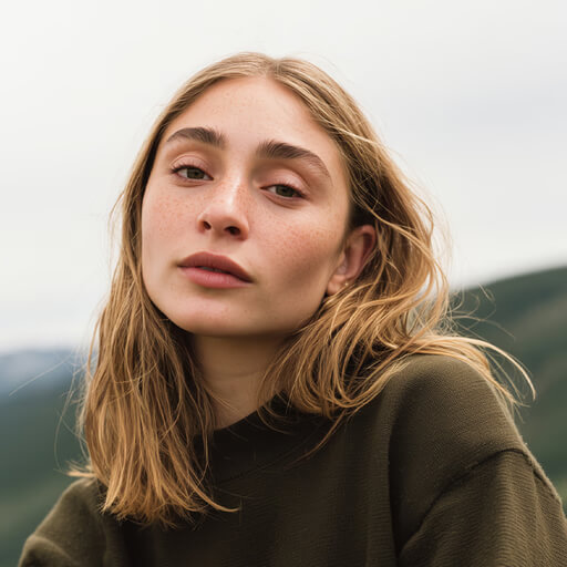 Giovane donna con capelli biondi, lievi lentiggini e trucco naturale che indossa un maglione verde oliva all'aperto con uno sfondo naturale sfocato.