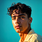 Giovane uomo con capelli scuri e ricci e un orecchino che indossa una camicia beige su sfondo blu.